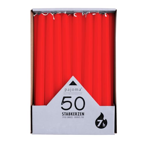 pajoma® Stabkerzen Rot - 50 Stück | Höhe 25 cm, Ø 2 cm | Brenndauer ca. 7 Std. | Vielseitig als Tisch-, Deko-, Weihnachtskerze & für Gastro-Events von pajoma