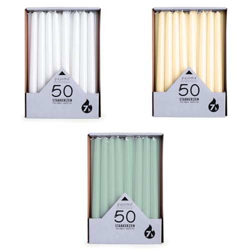 pajoma® Stabkerzen Weiß, Cream, Grün 3x 50 Stück | Höhe 25 cm, Brenndauer ca. 7 Stunden | Duftfrei, vielseitig einsetzbar für Kerzenhalter, Deko & festliche Anlässe von pajoma