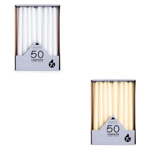 pajoma® Stabkerzen Weiß, Cream 2x 50 Stück | Höhe 25 cm, Brenndauer ca. 7 Stunden | Duftfrei, vielseitig einsetzbar für Kerzenhalter, Deko & festliche Anlässe von pajoma