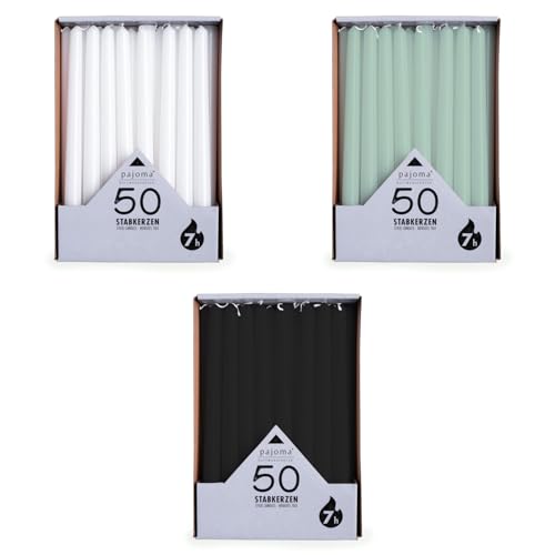pajoma® Stabkerzen Weiß, Grün, Schwarz 3x 50 Stück | Höhe 25 cm, Brenndauer ca. 7 Stunden | Duftfrei, vielseitig einsetzbar für Kerzenhalter, Deko & festliche Anlässe von pajoma