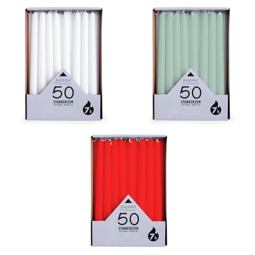 pajoma® Stabkerzen Weiß, Rot, Grün 3x 50 Stück | Höhe 25 cm, Brenndauer ca. 7 Stunden | Duftfrei, vielseitig einsetzbar für Kerzenhalter, Deko & festliche Anlässe von pajoma