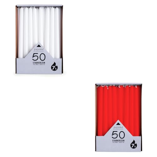 pajoma® Stabkerzen Weiß, Rot, Schwarz 2x 50 Stück | Höhe 25 cm, Brenndauer ca. 7 Stunden | Duftfrei, vielseitig einsetzbar für Kerzenhalter, Deko & festliche Anlässe von pajoma