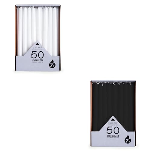 pajoma® Stabkerzen Weiß, Schwarz 2x 50 Stück | Höhe 25 cm, Brenndauer ca. 7 Stunden | Duftfrei, vielseitig einsetzbar für Kerzenhalter, Deko & festliche Anlässe von pajoma
