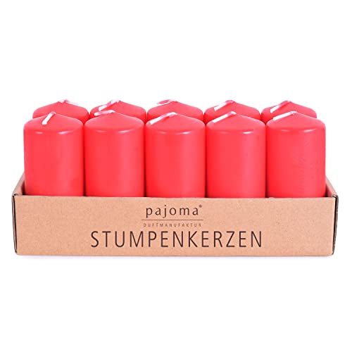 pajoma® Stumpenkerzen 10 Stück, Rot | Ø 4 x 9 cm | Brenndauer: ca. 9 Stunden | Hochwertiges Paraffin & Baumwolldocht | ideal für Gastronomie, Hotels, Kirchen & Feierlichkeiten von pajoma