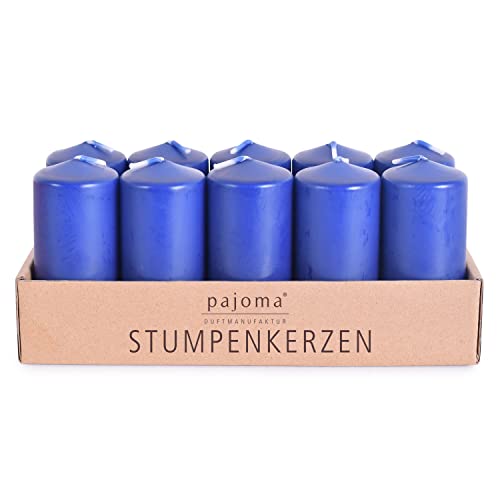 pajoma® Stumpenkerzen Blau - 10 Stück | Ø 4 x 9 cm | Brenndauer: ca. 9 Stunden | Hochwertiges Paraffin & Baumwolldocht | ideal für Gastronomie, Hotels, Kirchen & Feierlichkeiten von pajoma