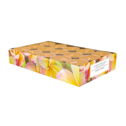 pajoma® Teelichte 30 Stück, Mango-Orange | Duft-Teelichte in Aluminiumhülle, Brenndauer ca. 4 Stunden - Höhe 1,5 cm ø 3,5 cm | Premium Qualität | Deko, Gastronomie, Outdoor, Windgläser, Hochzeit von pajoma