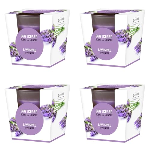 pajoma® Duftkerze 4er Set, Lavendel - im satinierten Glas | 4x 120g Wachsgewicht, Brenndauer: 25 Stunden, in edler Geschenkverpackung | Premium Qualität von pajoma