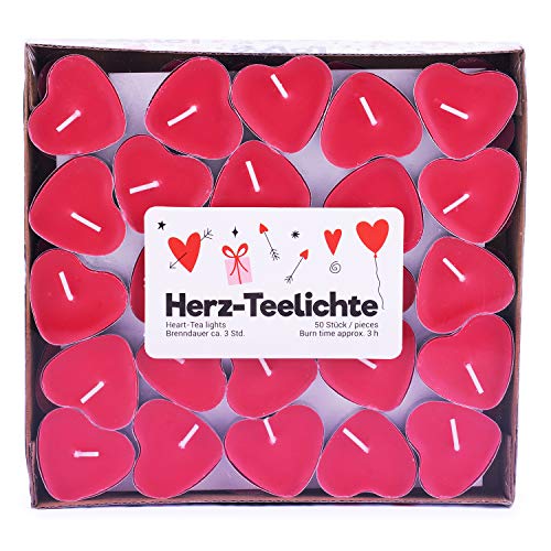 pajoma Teelichte "Love" im 50er Pack, Brenndauer 3 Stunden, in Herzform (Rot) von pajoma