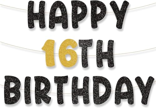 Happy 16th Birthday Banner & Girlande - Schwarz & Gold für 16. Geburtstag Party Dekoration für Kinder, Mädchen & Jungen von palasasa