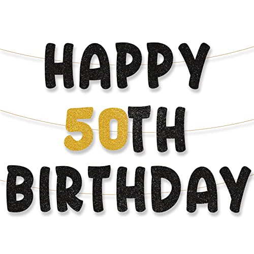 Palasasa Happy 50th Birthday Girlande - Banner und Deko Set Schwarz Gold für 50 Jahre Geburtstag - Party Dekoration für Kinder und Mädchen von palasasa