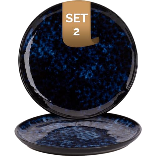 2 x palmer Bama Blue Teller flach im Set, Steingut, Ø 21 cm, blau schwarz gesprenkelt, Hochglanz, moderne Ausstrahlung, für Brotzeit, FrühStück oder als Kuchenteller, stapelbar, spülmaschinenfest von palmer