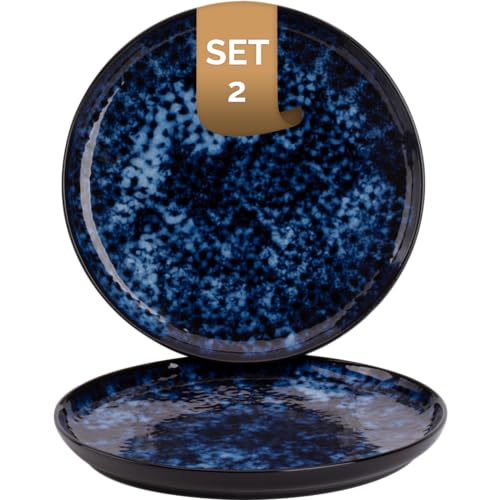 2 x palmer Bama Blue Teller flach im Set, Steingut, Ø 27 cm, auß, blau schwarz gesprenkelt, Hochglanz, moderne Ausstrahlung, für Pizza, Menü oder als Tortenplatte, stapelbar, spülmaschinenfest von palmer