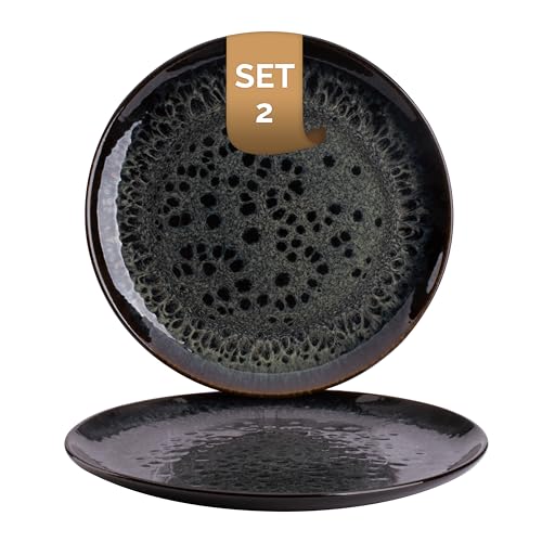 palmer Eccentric flache Teller gross - 2er-Set - Steinzeug - Ø 28 cm - dunkelblau glänzend mit braunem Rand, organische Form - für Pizza, Menü oder als Servierteller - stapelbar, spülmaschinenfest von palmer