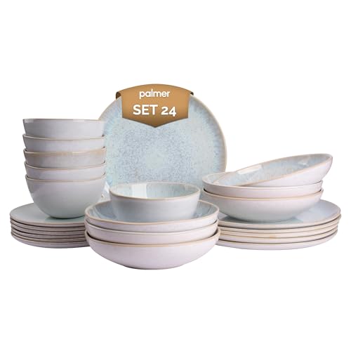 Palmer - Light Blue Sea - Tafelservice 24-teilig – Geschirr 6 Personen – Weiß/Hellblau Steinzeug – Spülmaschinen- & Ofengeeignet – Reaktive Glasur von palmer