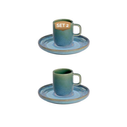 palmer Miami kleine Tassen Untertassen - 2er-Set, Steinzeug, türkis grün, 8 cl - 5,5 cm moderne, kompakte Form, für Kaffee, Espresso und Desserts spülmaschinenfest von palmer