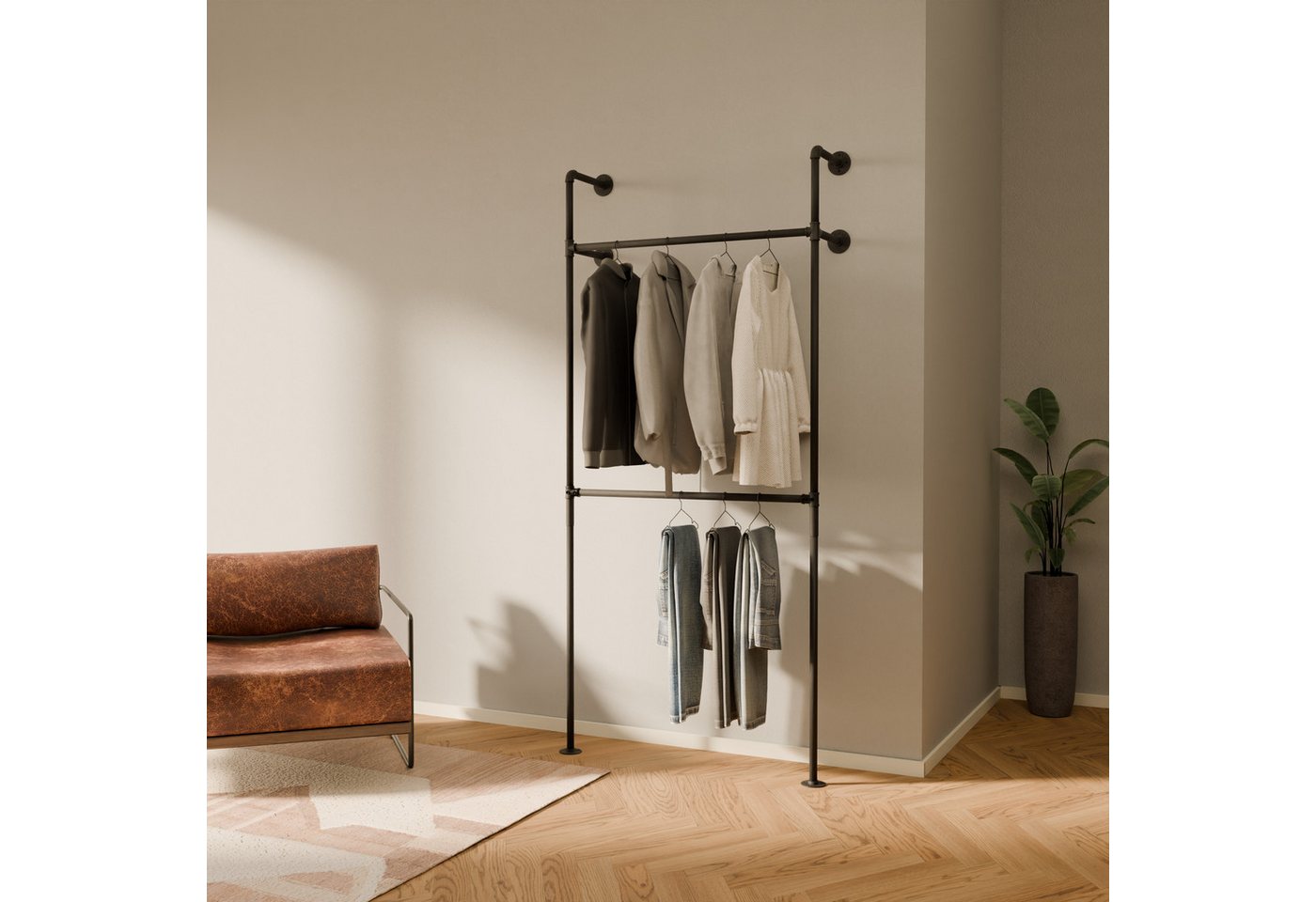 pamo. design Kleiderständer KIM DOUBLE Industrial Kleiderstange zur Wandmontage, Offener Kleiderschrank / Garderobe aus schwarzen Wasserrohren pamo. design Kleiderständer KIM DOUBLE Industrial Kleiderstange zur Wandmontage, Offener Kleiderschrank / Garderobe aus schwarzen Wasserrohren von pamo. design