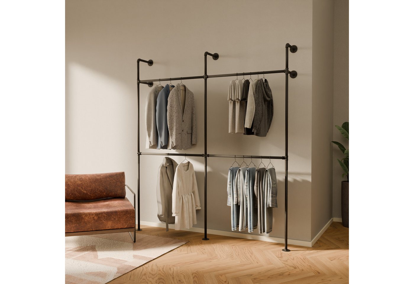 pamo. design Kleiderständer KIM DOUBLE Industrial Kleiderstange zur Wandmontage, Offener Kleiderschrank / Garderobe aus schwarzen Wasserrohren pamo. design Kleiderständer KIM DOUBLE Industrial Kleiderstange zur Wandmontage, Offener Kleiderschrank / Garderobe aus schwarzen Wasserrohren von pamo. design