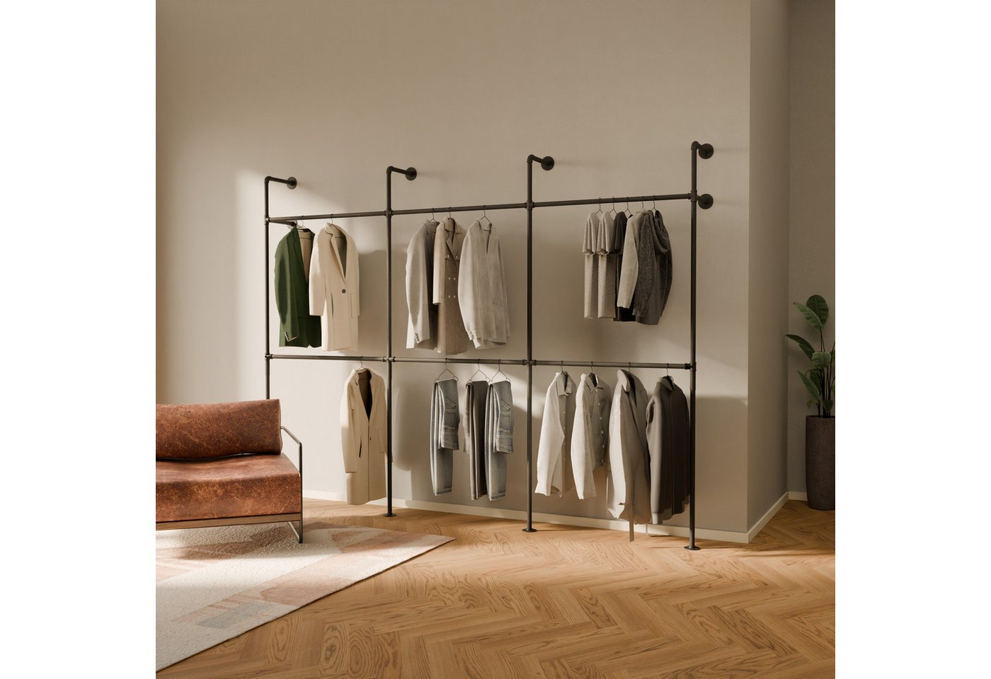 pamo. design Kleiderständer KIM DOUBLE Industrial Kleiderstange zur Wandmontage, Offener Kleiderschrank / Garderobe aus schwarzen Wasserrohren pamo. design Kleiderständer KIM DOUBLE Industrial Kleiderstange zur Wandmontage, Offener Kleiderschrank / Garderobe aus schwarzen Wasserrohren von pamo. design