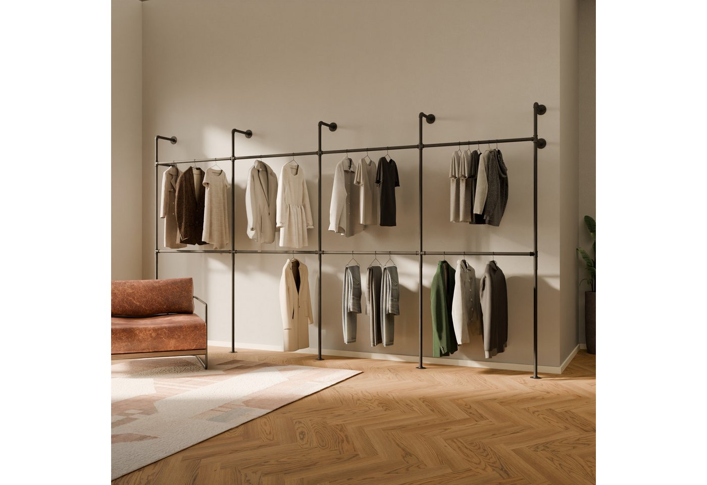 pamo. design Kleiderständer KIM DOUBLE Industrial Kleiderstange zur Wandmontage, Offener Kleiderschrank / Garderobe aus schwarzen Wasserrohren pamo. design Kleiderständer KIM DOUBLE Industrial Kleiderstange zur Wandmontage, Offener Kleiderschrank / Garderobe aus schwarzen Wasserrohren von pamo. design