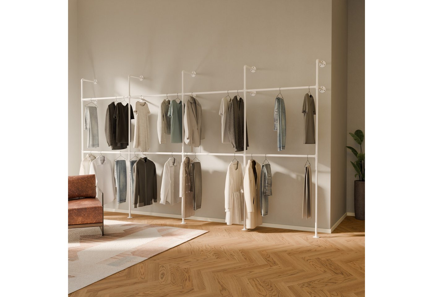 pamo. design Kleiderständer KIM DOUBLE Industrial Kleiderstange zur Wandmontage, Offener Kleiderschrank / Garderobe aus schwarzen Wasserrohren von pamo. design