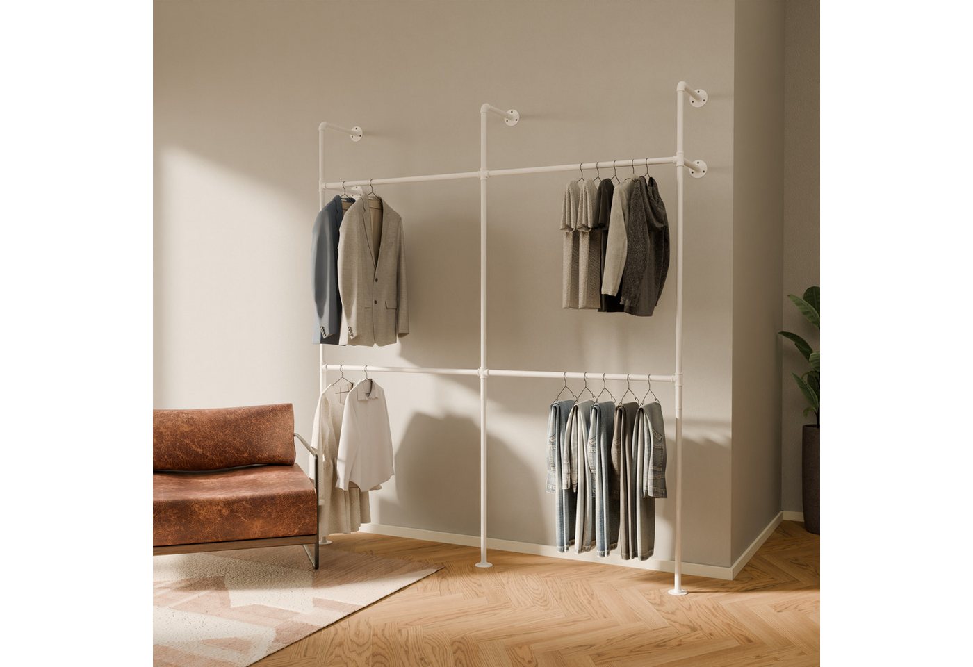 pamo. design Kleiderständer KIM DOUBLE Industrial Kleiderstange zur Wandmontage, Offener Kleiderschrank / Garderobe aus schwarzen Wasserrohren von pamo. design