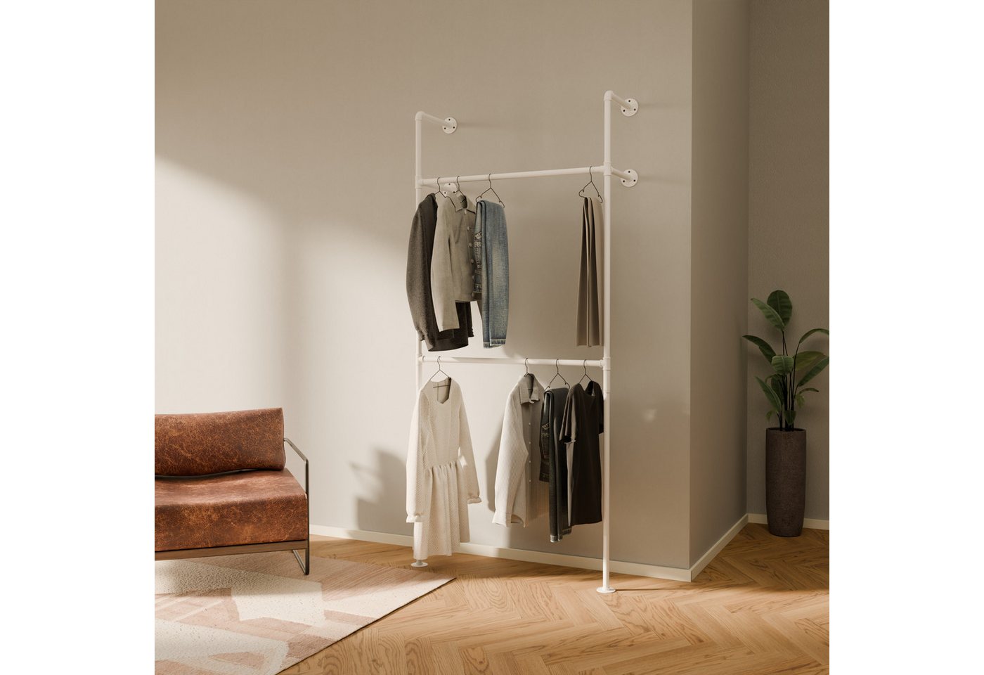 pamo. design Kleiderständer KIM DOUBLE Industrial Kleiderstange zur Wandmontage, Offener Kleiderschrank / Garderobe aus schwarzen Wasserrohren von pamo. design