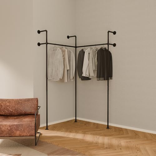 pamo Kleiderstange Wandmontage 200 kg Traglast - Offener Kleiderschrank oder Kleiderständer industrial schwarz aus Metall Wasserrohren von pamo