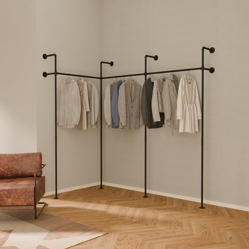 pamo Kleiderstange Wandmontage 300 kg Traglast - Offener Kleiderschrank oder Kleiderständer industrial schwarz aus Metall Wasserrohren von pamo