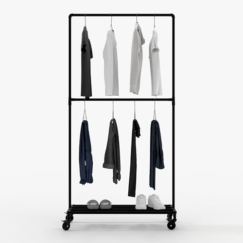 pamo Kleiderständer auf Rollen in schwarz | LAS ROLL | aus pulverbeschichteten Wasserrohren aus Stahl. Clothes rack im Industrial Vintage Design von pamo