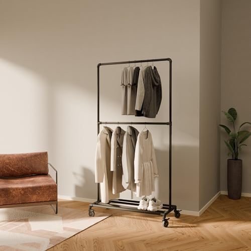 pamo Kleiderstange freistehend 60 kg Traglast - offener Kleiderschrank industrial schwarz aus Metall Wasserrohren von pamo