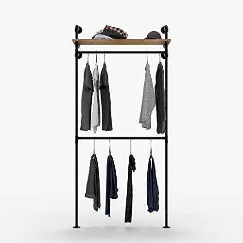 pamo Kleiderstange Industrial Design mit Eichenbretter Garderobe und Regal für begehbaren Kleiderschrank Wand I Kleiderständer aus schwarzen stabilen Rohren zur Wandmontage aus Wasserrohren (CARLSSON) von pamo