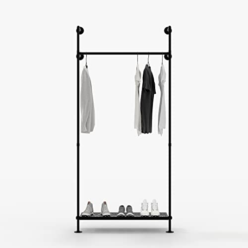 pamo Kleiderstange Industrial Design mit Metallboden - TILDA - Regal für begehbaren Kleiderschrank Wand I Kleiderständer aus schwarzen stabilen Rohren zur Wandmontage aus Wasserrohren von pamo