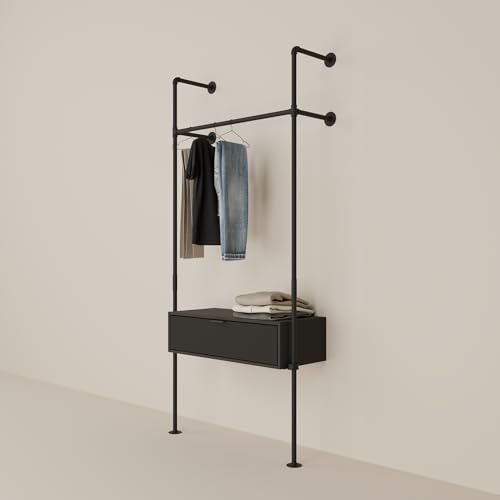 pamo Konsolentisch mit Schublade Schwarz - 92 x 40 x 24 cm - schmale Kommode Anbringung an Kleiderstange Sideboard für Wohnzimmer Schlafzimmer Flur - Hochwertige deutsche Produktion von pamo