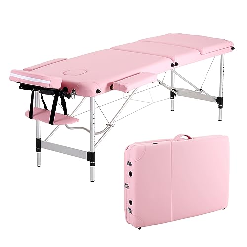 Panana Mobile Massageliege Klappbar 3 Zone, Höhenverstellbare Massagebank Aluminium mit Kopfstütze & Armlehnen und Tragtasche, Massagetisch für Kosmetik, Spa, Salon, Tattoo (Hellrosa) von Panana