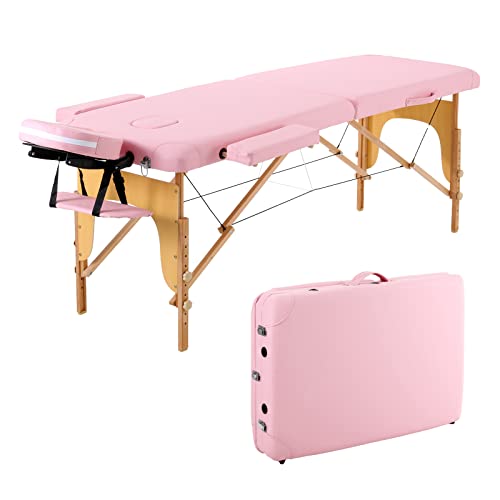 Panana Massageliege 2 Zonen Mobile Massagetisch Klappbar Tragebares Massagebett höhenverstellbar aus Holz Massagebank mit Kopfstütze & Armlehnen & Tasche 213 × 82 x 81 cm (Hellrosa) von Panana