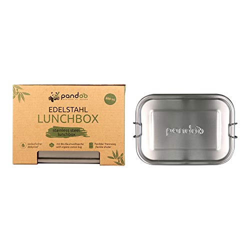 pandoo Edelstahl Lunchbox | 800ml | inkl. Baumwollbeutel, Divider und E-Book | auslaufsichere umweltfreundliche Brotdose Kinder & Erwachsene | Bento Box | flexibler Trennsteg von pandoo