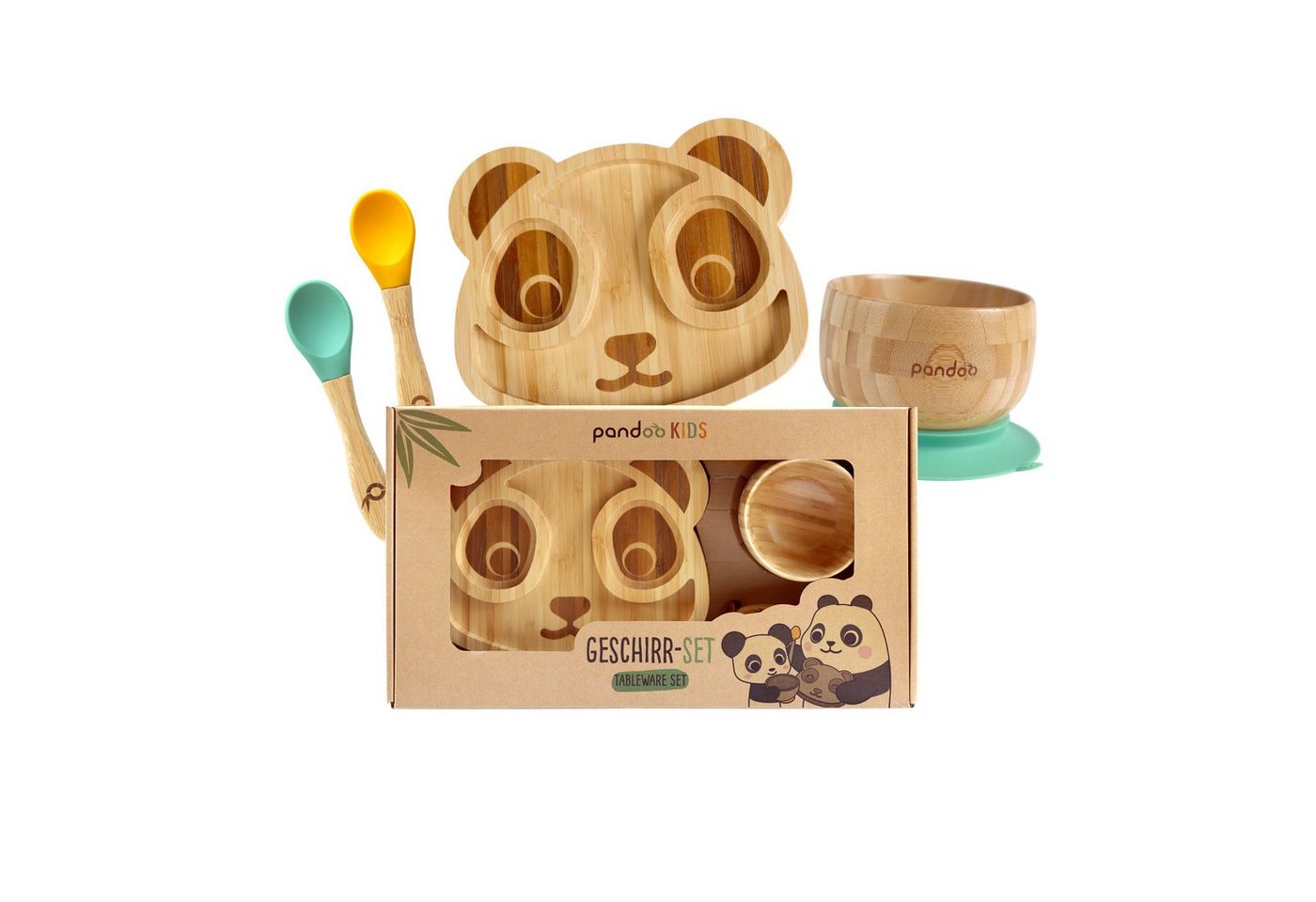 pandoo Kindergeschirr-Set Kindergeschirr Set aus Bambus mit Silikonring (4-tlg) von pandoo