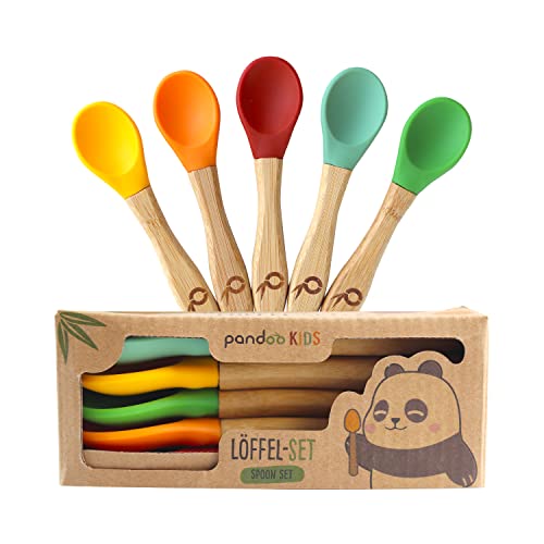 Pandoo Bambus Kinderlöffel 5er-Set mit Silikon | Esslernbesteck, Baby Geschirrset, Kinderbesteck | Weiche Silikonlöffel, 5 Stück von pandoo
