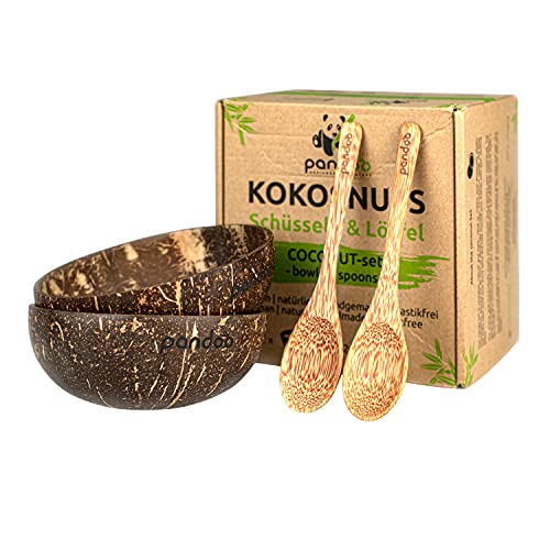 pandoo Kokosnuss Schalen 2er Set mit Kokos Löffel | 100% Naturprodukt | Plastikfreie Alternative - Handgefertigt mit Kokosöl poliert | Coconut Bowls Schüsseln | Müslischale, Kokosnuss Schale von pandoo