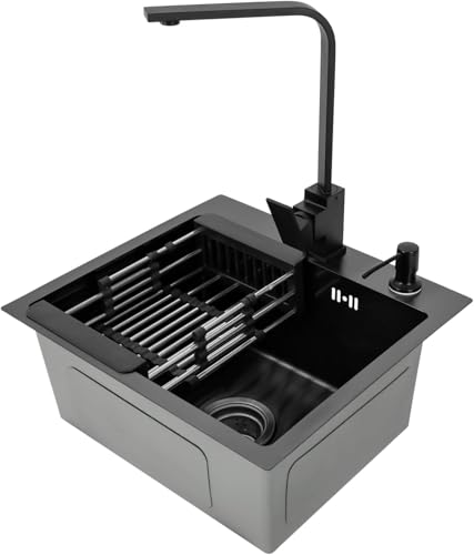 Waschbecken Küche, 40 x 45 cm Spülbecken in Schwarz, 1 Becken Edelstahlspüle, Spülbecken Küchenspüle mit Wasserhahn Abtropfsieb Abflussrohr und Seifenspende modernes Design von panfudongk