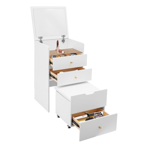 panfudongk Schminktisch mit Spiegel und Beleuchtung Modern Makeup Table mit Schubladen und Universellen Rädern Kompakter Schminktisch für Schlafzimmer mit Stuhl und Spiegel in Weiß Freistehend von panfudongk
