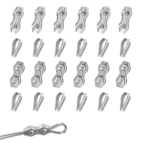 pangdapengpeng 24 Stück Drahtseilklemme Set, 12 Seilklemmen 3mm & Drahtseil Kauschen 3mm, 304 Edelstahl Duplex Klemme für Drahtseile, Wäscheleinen, Markisenzubehör (M3) von pangdapengpeng