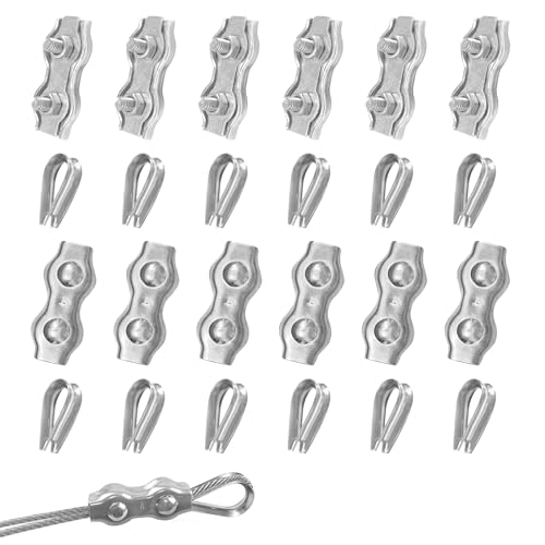 pangdapengpeng 24 Stück Drahtseilklemme Set, 12 Seilklemmen 4mm & Drahtseil Kauschen 4mm, 304 Edelstahl Duplex Klemme für Drahtseile, Wäscheleinen, Markisenzubehör (M4) von pangdapengpeng