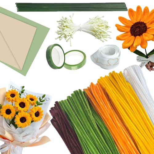 pangdapengpeng 210 Stück Sonnenblumen Blumenstrauß Pfeifenreiniger Set, Pfeifenputzer in 5 Farben mit Grünem Basteldraht, Geschenkpapier, Blumenband für DIY und Einzigartige Geschenke (Sonnenblumen) pangdapengpeng 210 Stück Sonnenblumen Blumenstrauß Pfeifenreiniger Set, Pfeifenputzer in 5 Farben mit Grünem Basteldraht, Geschenkpapier, Blumenband für DIY und Einzigartige Geschenke (Sonnenblumen) von pangdapengpeng