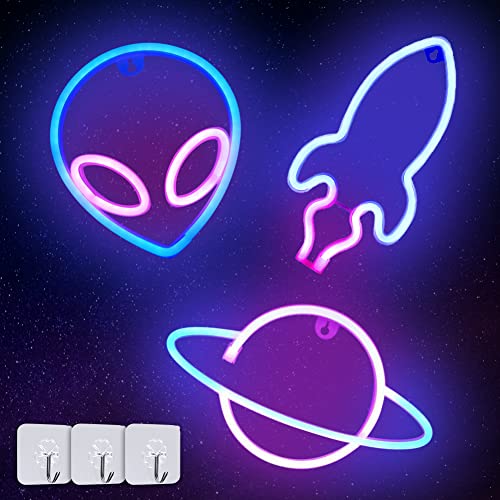 Neonlicht Schild, 3 Stück Rocket Planet Alien Platz Neonschild Batterie/USB Leuchtreklame Neon Schild Licht Neonschilder Neon Light für Schlafzimmer, Spielzimmer, Bar, Party, Kinderzimmer von panthem