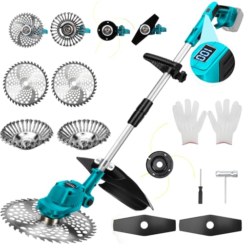 panthem Akku Rasentrimmer Rasenkantenschneider Freischneider für Makita 18V, mit 4 in 1 Metallklinge Unkrautbürste, Faden Verstellbarer Kopf Rasenmäher Teleskopgriff für Rasenschneiden (ohne Akku) von panthem