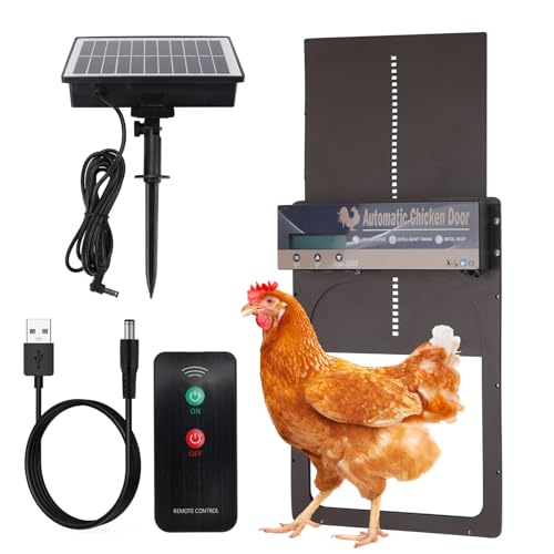 panthem Aluminum Automatische Hühnerklappe Solar, Elektrische Hühnerklappe Automatisch Hühnertür mit Display, Lichtsensor, Timer, Fernbedienung, Multi-Modi Türöffner, Intelligenter Einklemmschutz von panthem