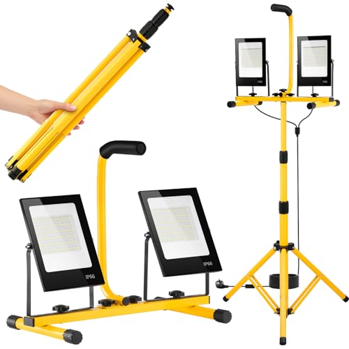 papasbox 100W LED Baustrahler mit Stativ und Stecker Schalter | Baustellenlampe 6500K Kaltweiß 10000LM Baustellenstrahler | IP66 Wasserdicht Arbeitsleuchte Baulampe für Werkstatt Baustelle von papasbox