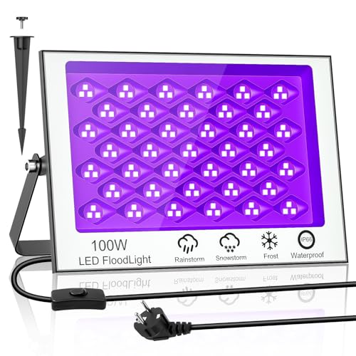 papasbox 100W Schwarzlichtlampe Schwarzlicht Strahler Blacklight | UV LED Lampe mit Stecker Schalter Erdspieß IP66 Wasserdicht UV Licht für Partylicht Party Deko von papasbox