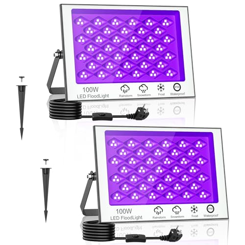 papasbox 2 Stück 100W Schwarzlichtlampe Schwarzlicht Strahler Blacklight | UV LED Lampe mit Stecker Schalter Erdspieß IP66 Wasserdicht UV Licht für Partylicht Party Deko von papasbox